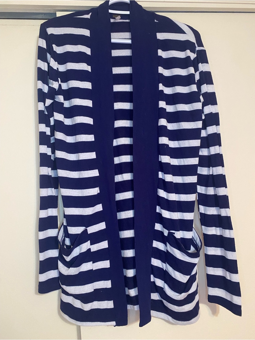 Poof! Navy and White Striped Open-Front Cardigan size large lightweight fabric